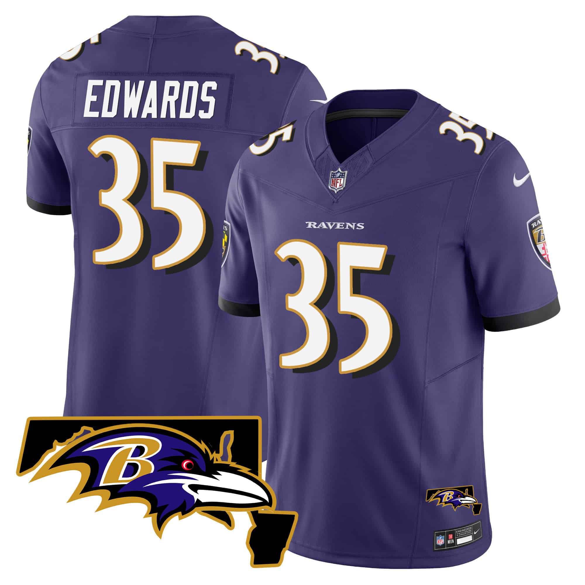 Men Baltimore Ravens #35 Edwards Purple 2024 Nike Maryland Patch Vapor Limited NFL Jersey style 1